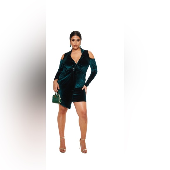 Emerald Green Velvet Cold Shoulder Blazer Dress Plus Size US 14 - Picture 6 of 11